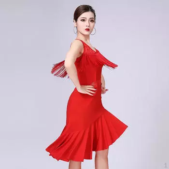 Платье без рукавов с открытой талией и кисточками, шорты, костюм для латинских танцев, асимметричный подол M красный