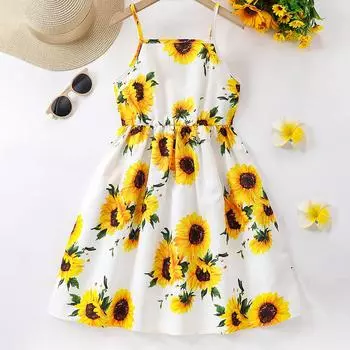 Платье без рукавов с принтом подсолнухов для девочек 7-14 лет, повседневное, без рукавов 150(11-12Y)