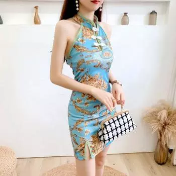 Платье без рукавов с разрезом Frog Botton, юбка-чеонгсам с открытой спиной, милое короткое мини-платье с цветочным принтом, повседневное M