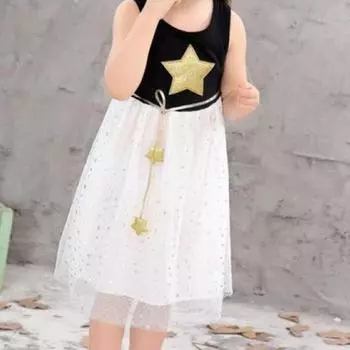 Платье без рукавов с золотым принтом звезд, мягкий пуловер для девочек, сетчатое платье для отпуска 110cm белый