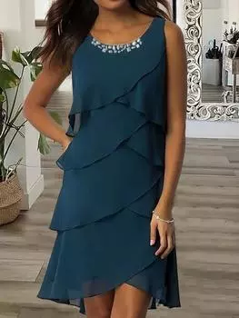 Платье без рукавов в стиле бохо для женщин, повседневное, свободного кроя, летнее, сарафан, однотонное платье S тёмно-синий