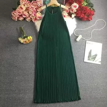 Платье без рукавов женское ретро модное женское летнее сексуальное платье А-силуэта свободное повседневное платье с высокой талией сплошной халат 25979 One Size орион