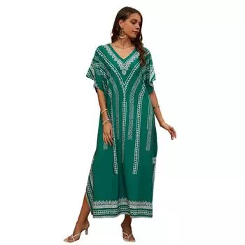 Платье-бикини с v-образным вырезом и короткими рукавами, свободный крой, пляжный топ от солнца, длинное пляжное платье с разрезом по бокам в этническом стиле One Size синий