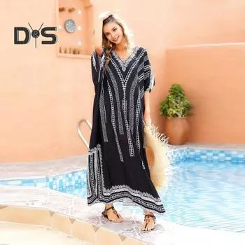 Платье-бикини с v-образным вырезом и короткими рукавами, свободный крой, пляжный топ от солнца, длинное пляжное платье с разрезом по бокам в этническом стиле зелёный