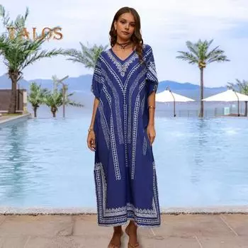 Платье-бикини с v-образным вырезом и короткими рукавами, свободный крой, пляжный топ от солнца, длинное пляжное платье с разрезом по бокам в этническом стиле зелёный