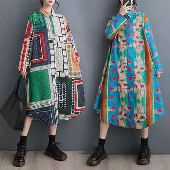 Платье-блузка больших размеров для женщин, новое весеннее пляжное платье, длинное платье, модные свободные повседневные платья с принтом One Size