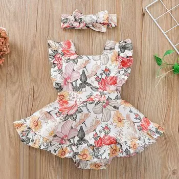 Платье-боди с цветочным принтом для маленьких девочек + повязка на голову, комбинезон с рюшами и рукавами, юбки, комбинезон 0-24 мес. 100