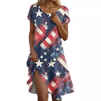 Платье бохо с коротким рукавом для женщин, повседневное, свободного кроя, летний сарафан с принтом и карманами S