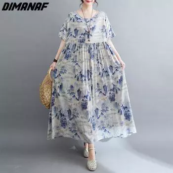 Платье больших размеров DIMANAF, женское платье 2023 года, новые летние стильные платья с круглым вырезом, свободные платья с большим цветочным принтом, новинка one size синий