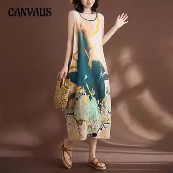 Платье больших размеров для женщин, бамбуковое хлопковое льняное платье в стиле кантри, свежее платье с цветочным жилетом One Size