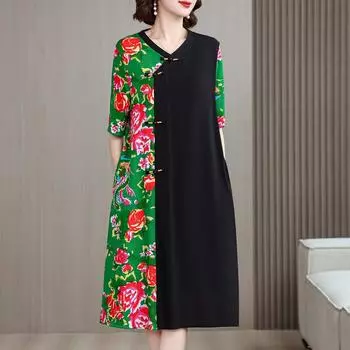 Платье больших размеров для женщин, свободные, с коротким рукавом, винтажные длинные платья, летняя одежда для женщин среднего возраста XL зелёный