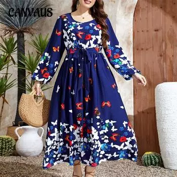 Платье больших размеров для женщин на осень и зиму с принтом бабочек и завязками на талии и длинными рукавами 0XL темно-синий