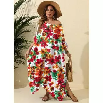 Платье больших размеров для женщин с цветочным принтом, свободная рубашка с разрезом на пляже, длиной до пола, длинные платья M красный/белый