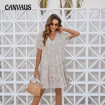 Платье больших размеров для женщин с V-образным вырезом, высокой талией, короткими рукавами и оборками S небесно-голубой