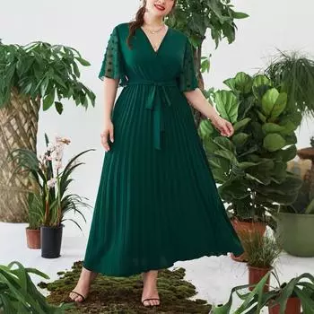 Платье больших размеров для женщин, летнее, новое, с V-образным вырезом, короткими рукавами, облегающее, с завышенной талией, длинное платье 0XL жёлтый