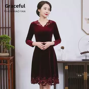 Платье больших размеров из бархата в стиле европейских и американских знаменитостей с вышивкой и ажурным дизайном 3XL