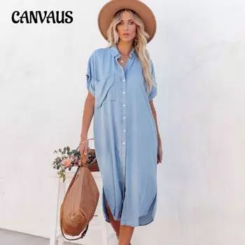 Платье больших размеров, летнее модное однотонное джинсовое платье с короткими рукавами, платье-рубашка миди с разрезом для женщин