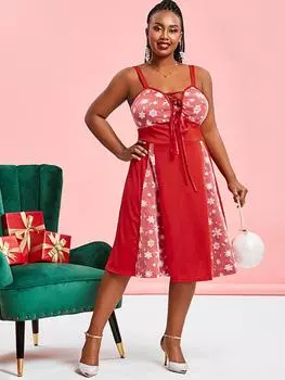 Платье больших размеров на шнуровке Rosegal со снежинками и сетчатой вставкой L красный