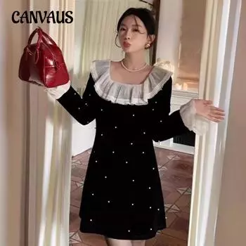 Платье больших размеров на весну и осень с квадратным вырезом, кружевом и жемчугом, темпераментное, с приталенным А-силуэтом L чёрный