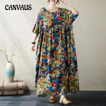 Платье больших размеров, простые модные литературные винтажные длинные летние платья с короткими рукавами и круглым вырезом с принтом One Size