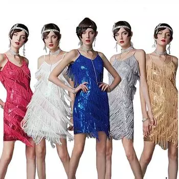 Платье больших размеров с бахромой и v-образным вырезом на шее, винтажное платье с пайетками S