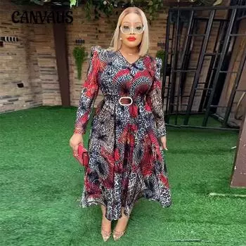 Платье больших размеров с длинным рукавом и v-образным вырезом, женское длинное платье с принтом и поясом L зелёный