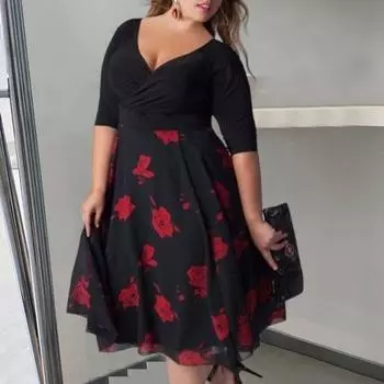 Платье больших размеров с глубоким V-образным вырезом, трапециевидным силуэтом, двухслойным подолом и рукавами средней длины, с цветочным принтом L чёрный