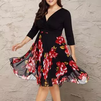 Платье больших размеров с глубоким V-образным вырезом, А-силуэтом, двухслойным подолом и рукавами средней длины, с цветочным принтом, платье миди, вечернее платье для выпускного вечера L