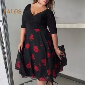 Платье больших размеров с глубоким V-образным вырезом, А-силуэтом, двухслойным подолом и рукавами средней длины, с цветочным принтом, платье миди, вечернее платье для выпускного вечера L чёрный