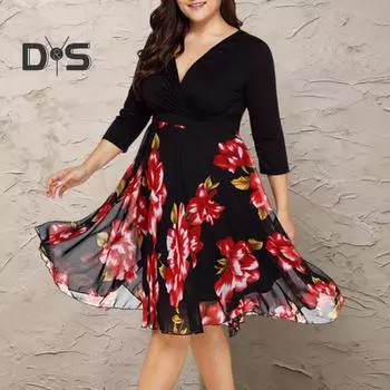 Платье больших размеров с глубоким V-образным вырезом, А-силуэтом, двухслойным подолом и рукавами средней длины, с цветочным принтом, платье миди, вечернее платье для выпускного вечера L чёрный