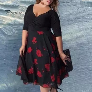 Платье больших размеров с глубоким V-образным вырезом, А-силуэтом, двухслойным подолом и рукавами средней длины, с цветочным принтом, платье миди, вечернее платье для выпускного вечера L чёрный