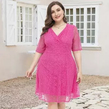 Платье больших размеров с кружевным V-образным вырезом и короткими рукавами с леопардовым узором, двухслойное платье миди для выпускного вечера, свадьбы, вечеринки, летнее короткое платье XXL розы красного