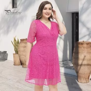 Платье больших размеров с кружевным V-образным вырезом и короткими рукавами с леопардовым узором, двухслойное платье миди для выпускного вечера, свадьбы, вечеринки, летнее короткое платье XXL розы красного