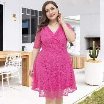 Платье больших размеров с кружевным V-образным вырезом и короткими рукавами с леопардовым узором, двухслойное платье миди для выпускного вечера, свадьбы, вечеринки, летнее короткое платье XXL розы красного