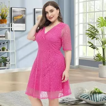 Платье больших размеров с кружевом, V-образным вырезом, короткими рукавами, леопардовым узором, двухслойное, выпускное XXL розы красного