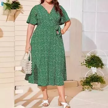 Платье больших размеров с принтом, V-образным вырезом, высокой талией, шнуровкой и запахом на талии L зелёный