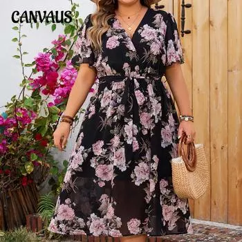 Платье больших размеров с V-образным вырезом, летние летние платья с развевающимися рукавами и цветочным принтом для женщин 1XL чёрный