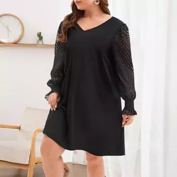 Платье больших размеров с V-образным вырезом, кружевной отделкой, расклешенным длинным рукавом, мини-платьем с высокой талией, однотонное повседневное мини-платье L чёрный