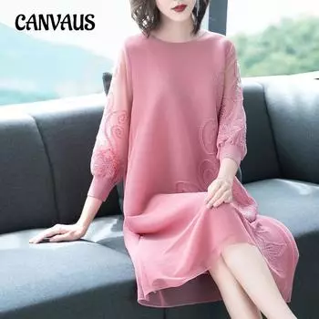 Платье больших размеров с вышивкой бисером на весну и осень для женщин с эффектом затенения живота, свободные платья с эффектом старения M розовый