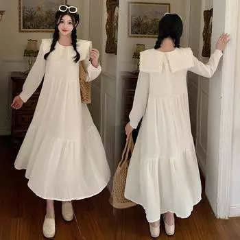 Платье больших размеров во французском стиле с темно-синим воротником, универсальные и элегантные женские платья L