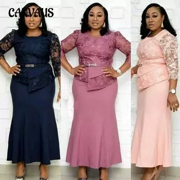 Платье больших размеров XL ~ 5XL для женщин, весеннее и осеннее кружевное платье, длинное платье XL темно-синий
