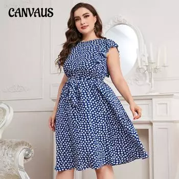 Платье больших размеров. Женские летние платья без рукавов с большим подолом и принтом. XL синий