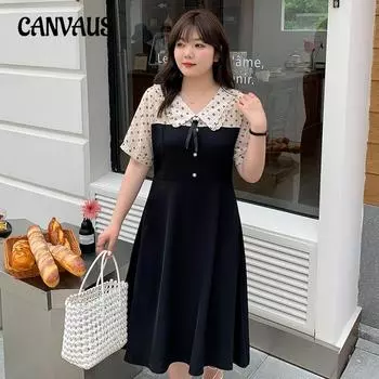 Платье больших размеров, женское платье средней длины, летние платья с кукольным воротником и короткими рукавами с талией 2XL чёрный