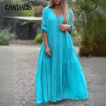 Платье больших размеров, женское свежее милое однотонное платье с v-образным вырезом и длинным рукавом, модные повседневные длинные платья