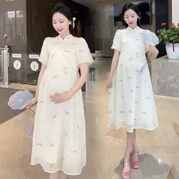 Платье большого размера Cheongsam для беременных, длинное платье для беременных M