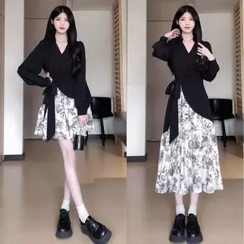 Платье большого размера черное с нерегулярным цветочным принтом и длинными рукавами для женщин 2XL белый/чёрный