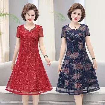 Платье большого размера длиной до колена для женщин среднего и пожилого возраста, летнее, для женщин 40-60-летнего возраста, сетчатая юбка для мам XL