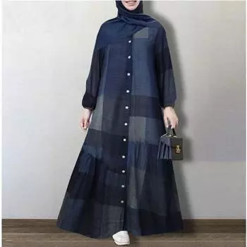 Платье большого размера для женщин весна-осень с длинными рукавами, простое, свободное, повседневное, длинное, в клетку S тёмно-синий