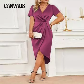 Платье большого размера для женщин, элегантное, с короткими рукавами, V-образным вырезом, нестандартной талией, средней длины 1XL розы красного