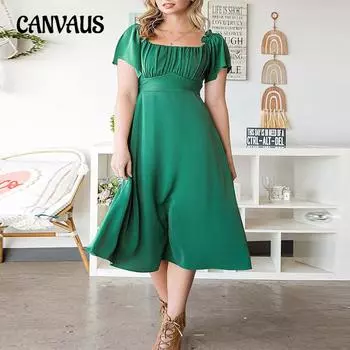 Платье большого размера для женщин, элегантное однотонное платье с квадратным воротником и короткими рукавами на талии 1XL темно-зеленого